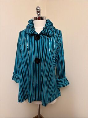 Yushi Perforated Blue & Black Wavy Striped Collar Jacket L